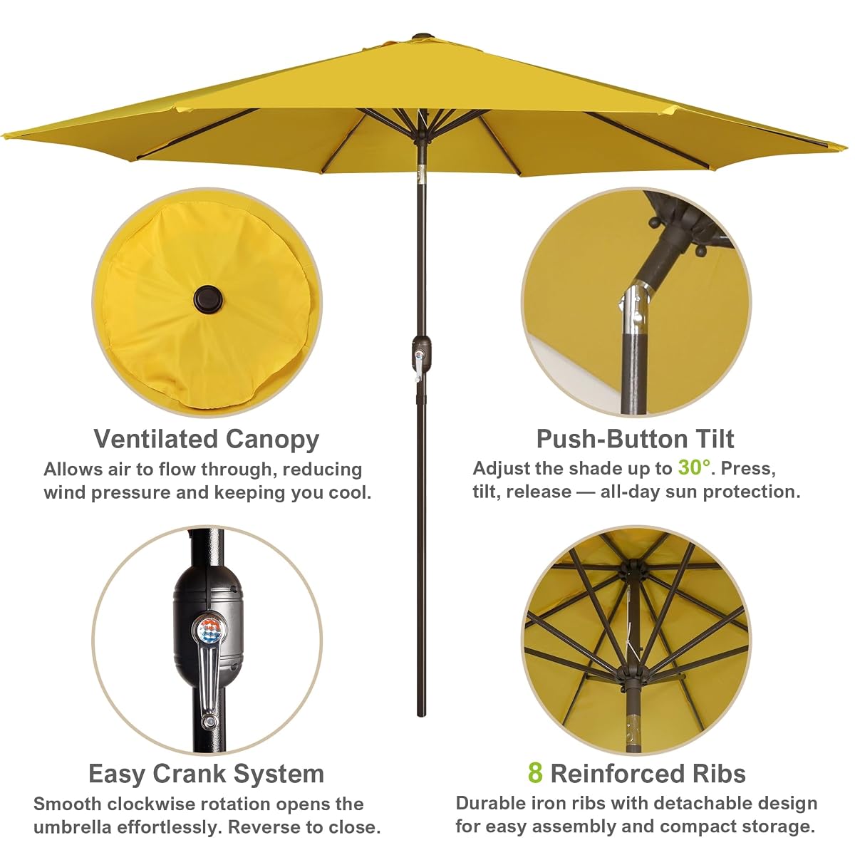 Blissun 10FT Patio Umbrella, Outdoor Table Umbrella, Yard Umbrella, Market Umbrella with 8 Sturdy Ribs, Push Button Tilt and Crank, Yellow - detail image 1