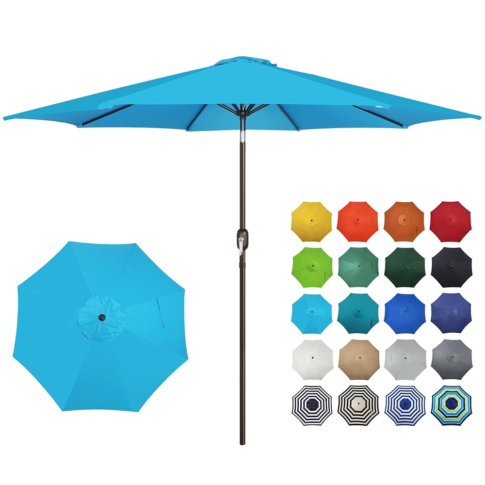 Blissun 10FT Patio Umbrella, Outdoor Table Umbrella, Yard Umbrella, Market Umbrella with 8 Sturdy Ribs, Push Button Tilt and Crank, Light Blue