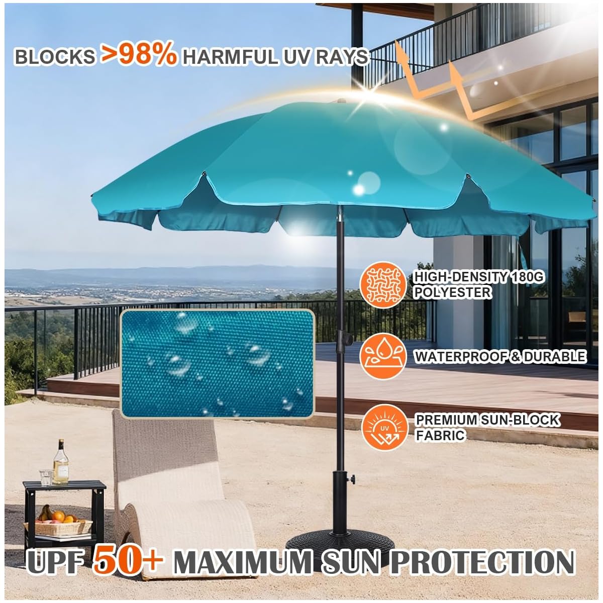 Blissun 6.5ft Patio Umbrella with Push Button Tilt & Height Adjustable, UV50+ Sun Protection with Sturdy Fiberglass Ribs & Iron Pole, Market Umbrella for Outdoor Table Garden Backyard Beach, Cerulean - detail image 2
