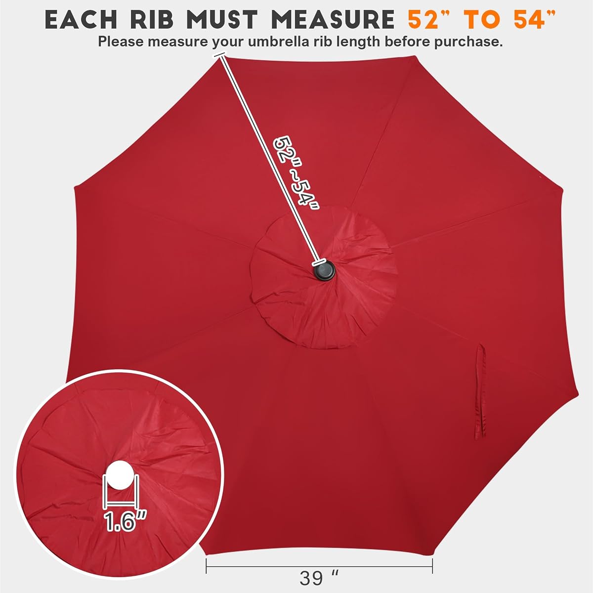 Blissun 9ft Patio Umbrella Replacement Canopy, Market Umbrella Top, Outdoor Table Umbrella Canopy for 8 Ribs, Canopy Only (Red) - detail image 1