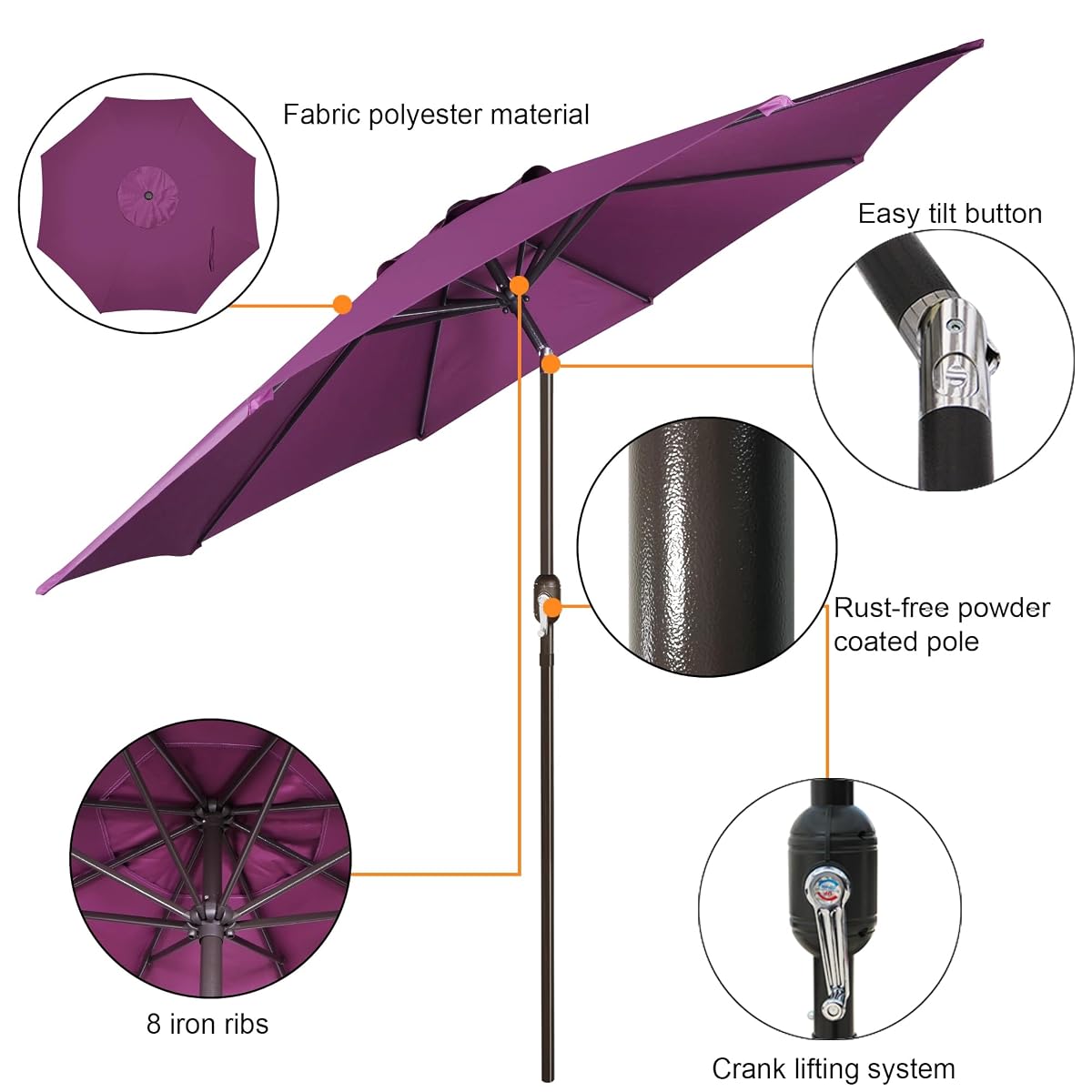 Blissun 9FT Patio Umbrella, Outdoor Table Umbrella, Yard Umbrella, Market Umbrella with 8 Sturdy Ribs, Push Button Tilt and Crank, Purple - detail image 1