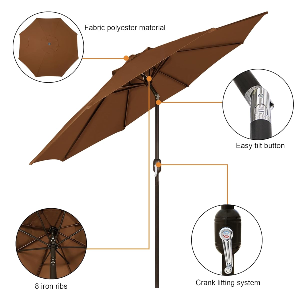 Blissun 9' Outdoor Patio Umbrella, Outdoor Table Umbrella, Yard Umbrella, Market Umbrella with 8 Sturdy Ribs, Push Button Tilt and Crank, Brown - detail image 1