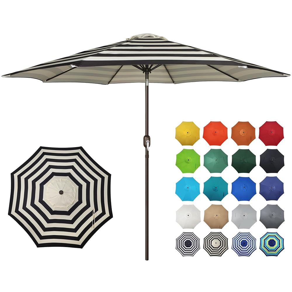 Blissun 10FT Patio Umbrella, Outdoor Table Umbrella, Yard Umbrella, Market Umbrella with 8 Sturdy Ribs, Push Button Tilt and Crank, Black & Ivory Stripe