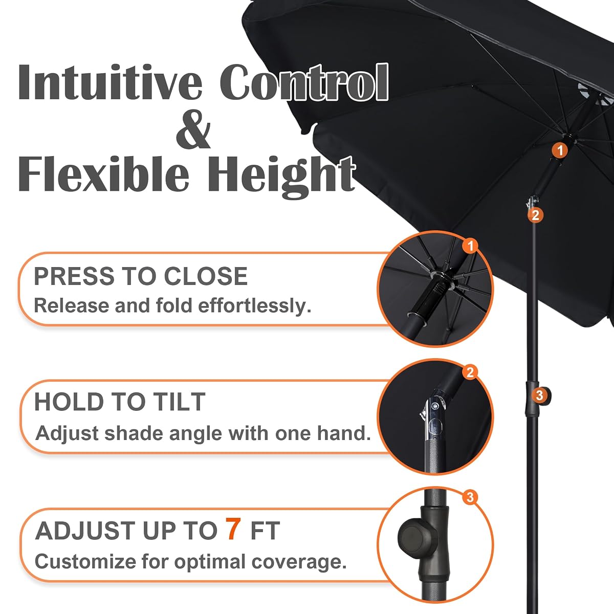 Blissun 6.5ft Patio Umbrella with Push Button Tilt & Height Adjustable, UV50+ Sun Protection with Sturdy Fiberglass Ribs & Iron Pole, Market Umbrella for Outdoor Table Garden Backyard Beach, Black - detail image 2