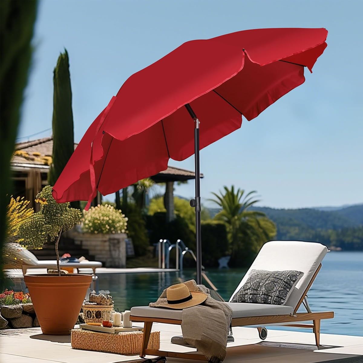 Blissun 6.5ft Patio Umbrella with Push Button Tilt & Height Adjustable, UV50+ Sun Protection with Sturdy Fiberglass Ribs & Iron Pole, Market Umbrella for Outdoor Table Garden Backyard Beach, Red - detail image 5