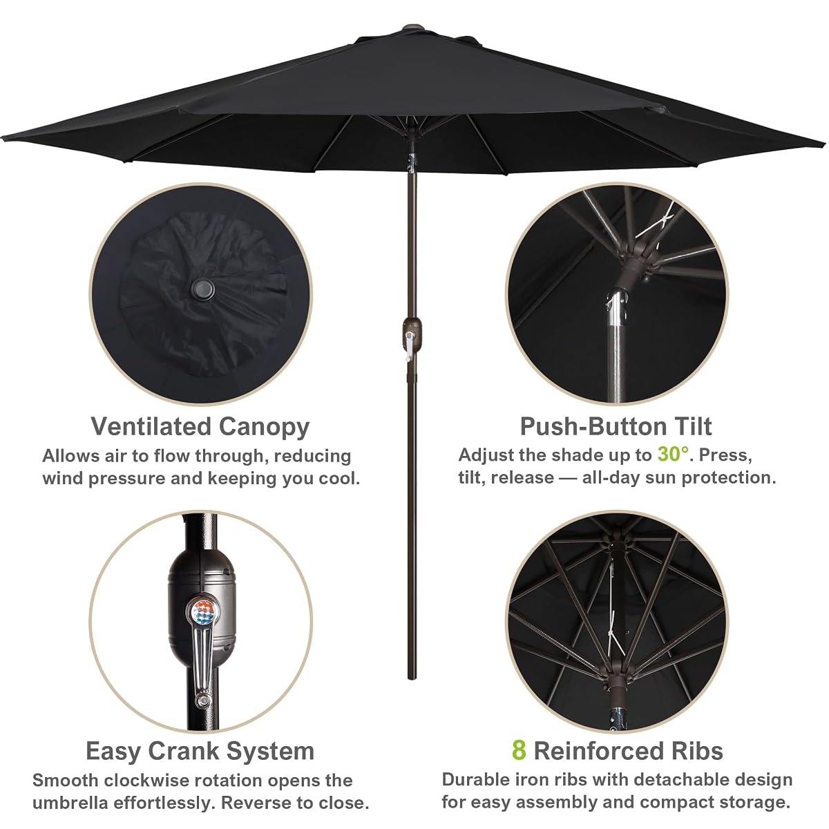 Blissun 10FT Patio Umbrella, Outdoor Table Umbrella, Yard Umbrella, Market Umbrella with 8 Sturdy Ribs, Push Button Tilt and Crank, Black - detail image 1