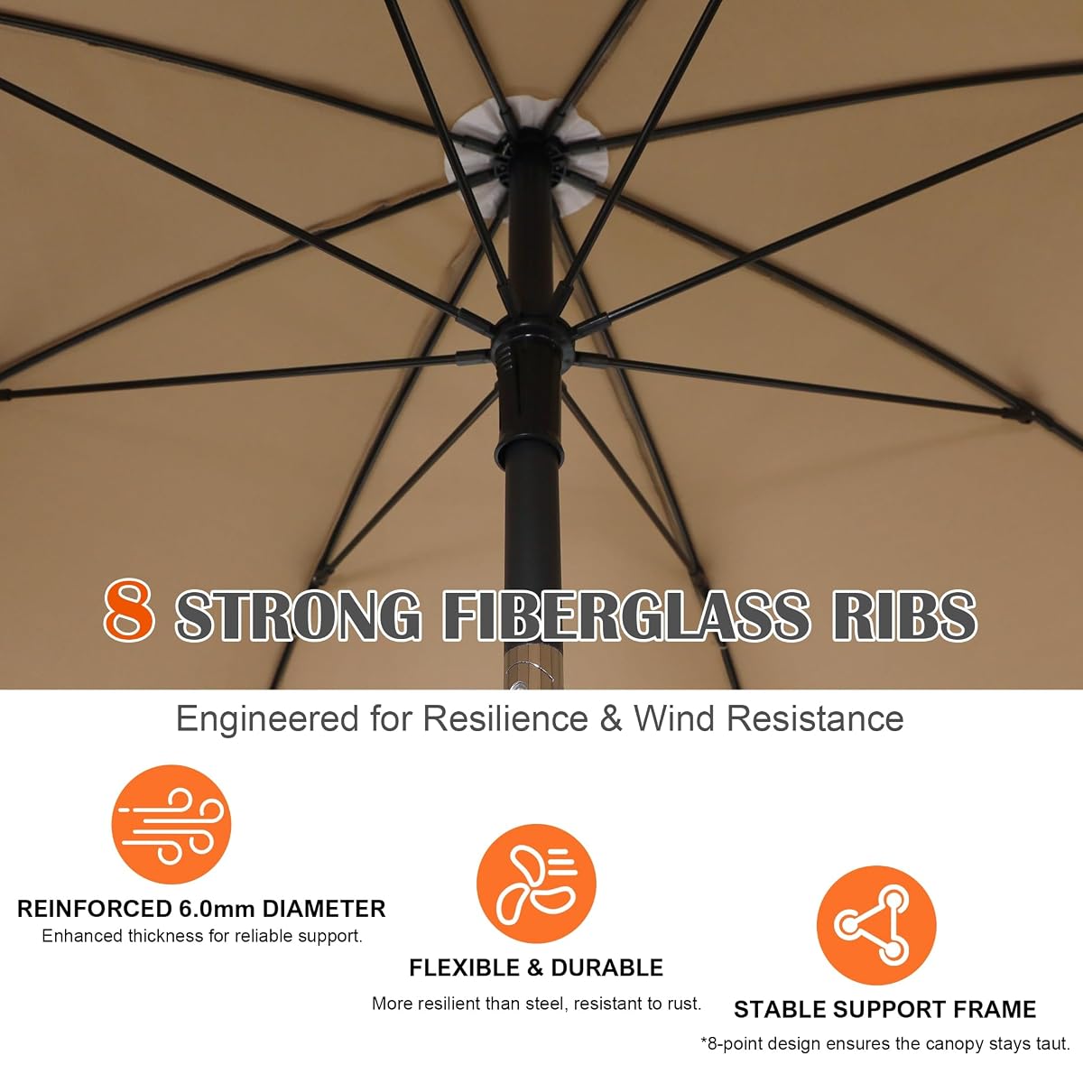 Blissun 6.5ft Patio Umbrella with Push Button Tilt & Height Adjustable, UV50+ Sun Protection with Sturdy Fiberglass Ribs & Iron Pole, Market Umbrella for Outdoor Table Garden Backyard Beach, Tan - detail image 3