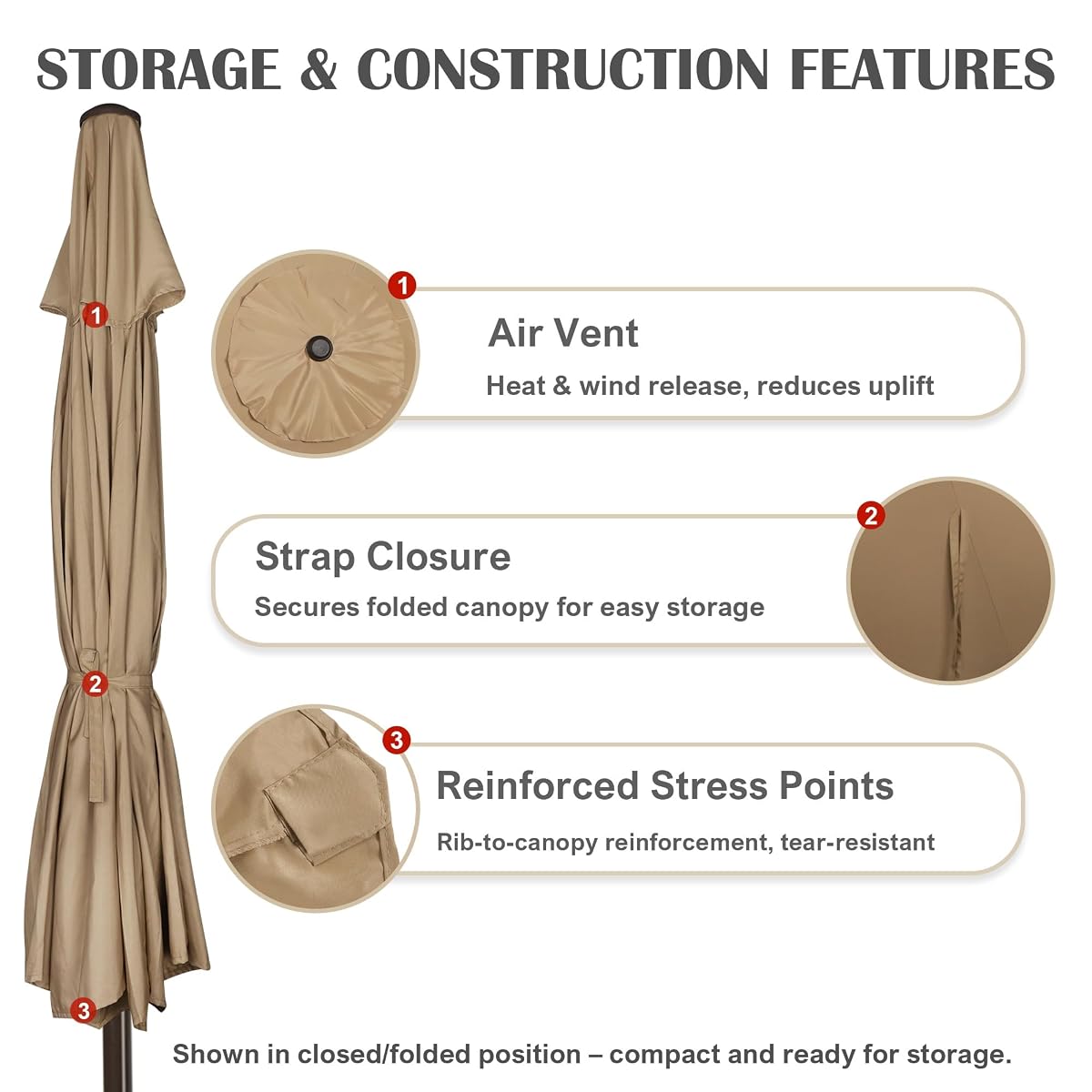 Blissun 9' Outdoor Patio Umbrella, Outdoor Table Umbrella, Yard Umbrella, Market Umbrella with 8 Sturdy Ribs, Push Button Tilt and Crank (Tan) - detail image 6