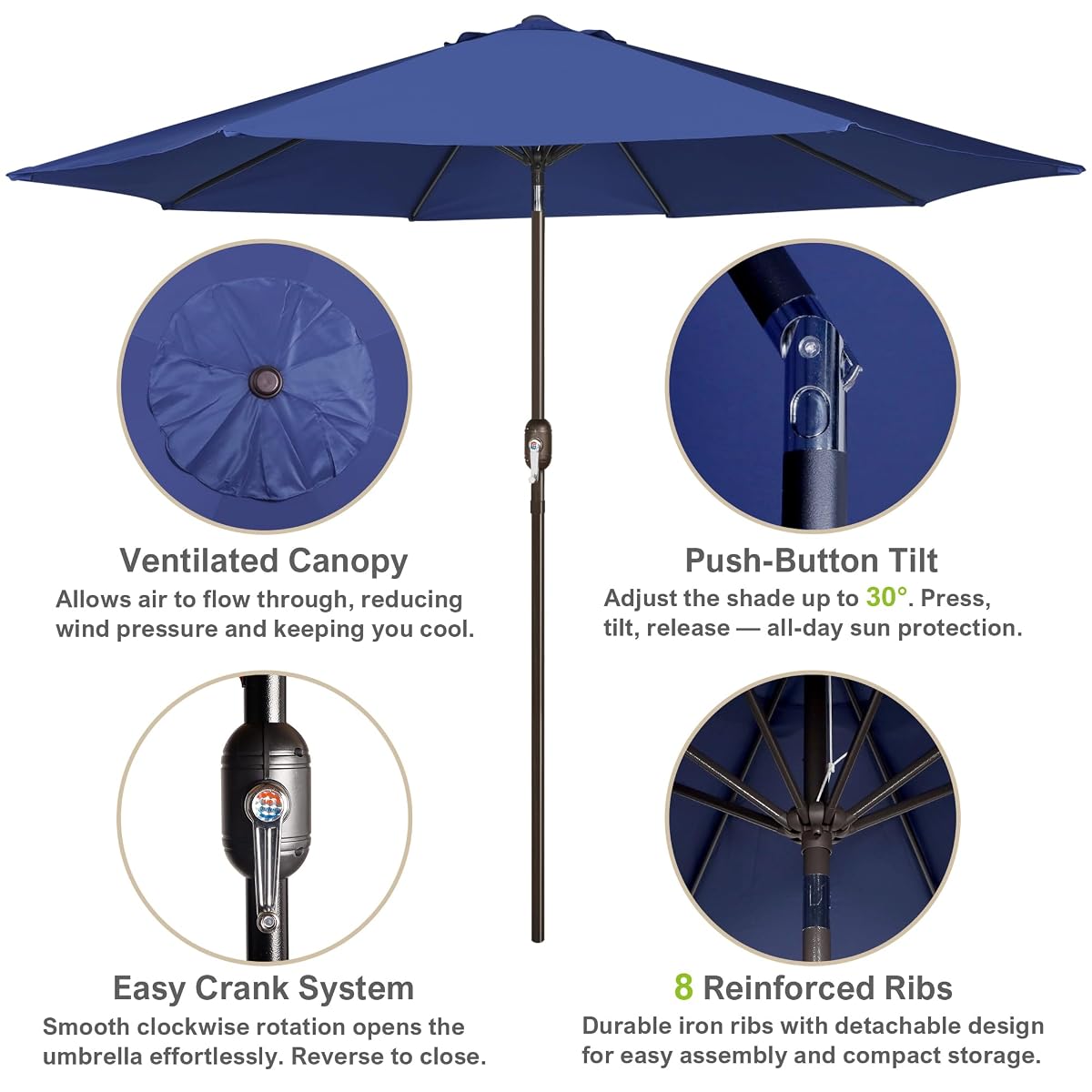 Blissun 10FT Patio Umbrella, Outdoor Table Umbrella, Yard Umbrella, Market Umbrella with 8 Sturdy Ribs, Push Button Tilt and Crank, Navy Blue - detail image 1
