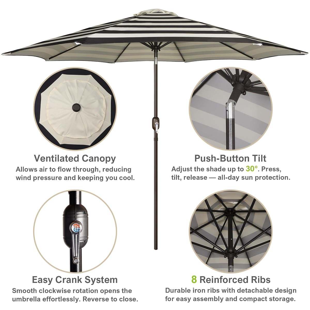 Blissun 10FT Patio Umbrella, Outdoor Table Umbrella, Yard Umbrella, Market Umbrella with 8 Sturdy Ribs, Push Button Tilt and Crank, Black & Ivory Stripe - detail image 1