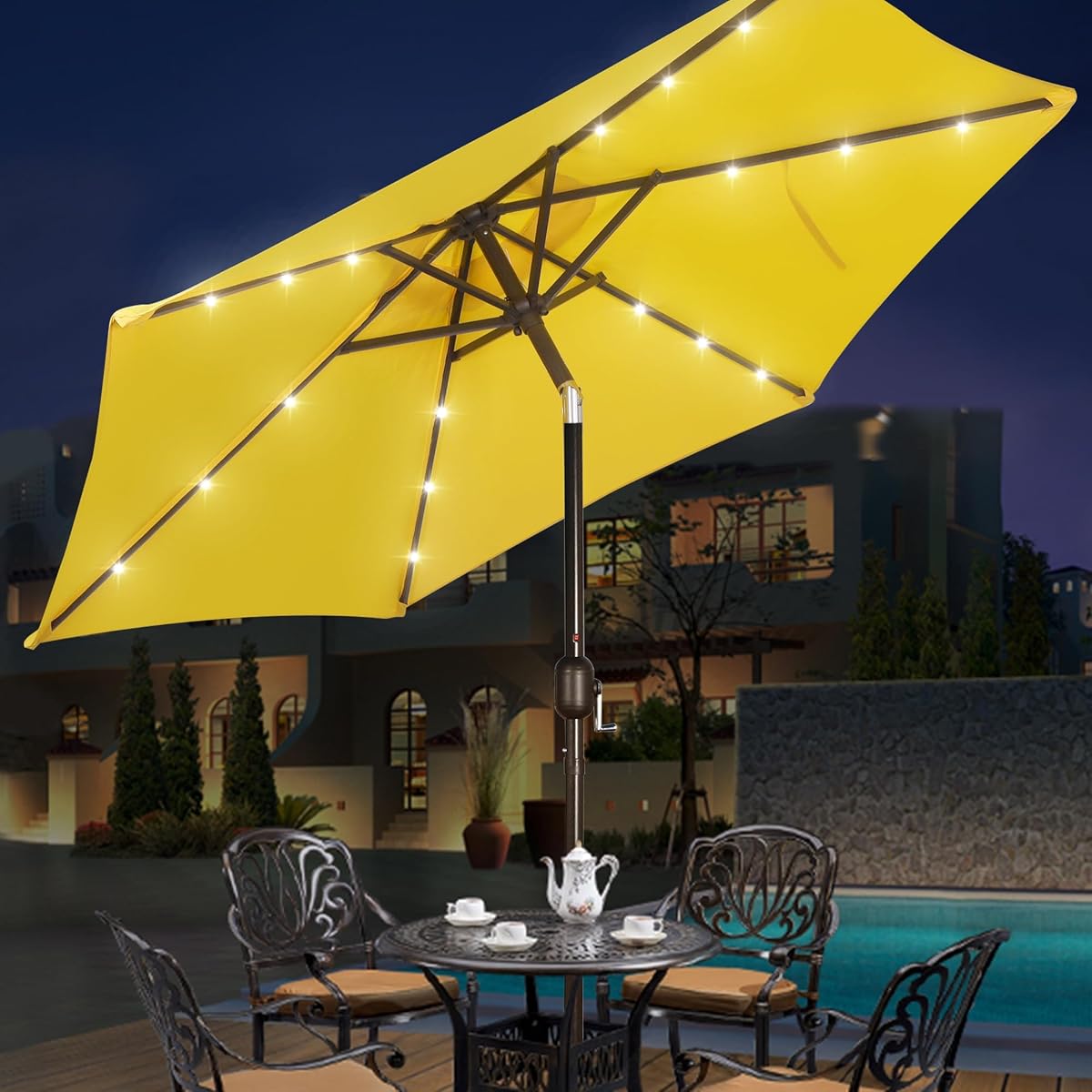 Blissun 7.5 ft Solar Umbrella 18 LED Lighted Patio Umbrella Table Market Umbrella with Tilt and Crank Outdoor Umbrella for Garden, Deck, Backyard, Pool and Beach (Yellow) - detail image 5