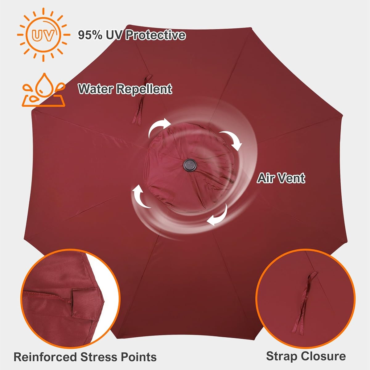 Blissun 9ft Patio Umbrella Replacement Canopy, Market Umbrella Top, Outdoor Table Umbrella Canopy for 8 Ribs, Canopy Only (Burgundy) - detail image 3
