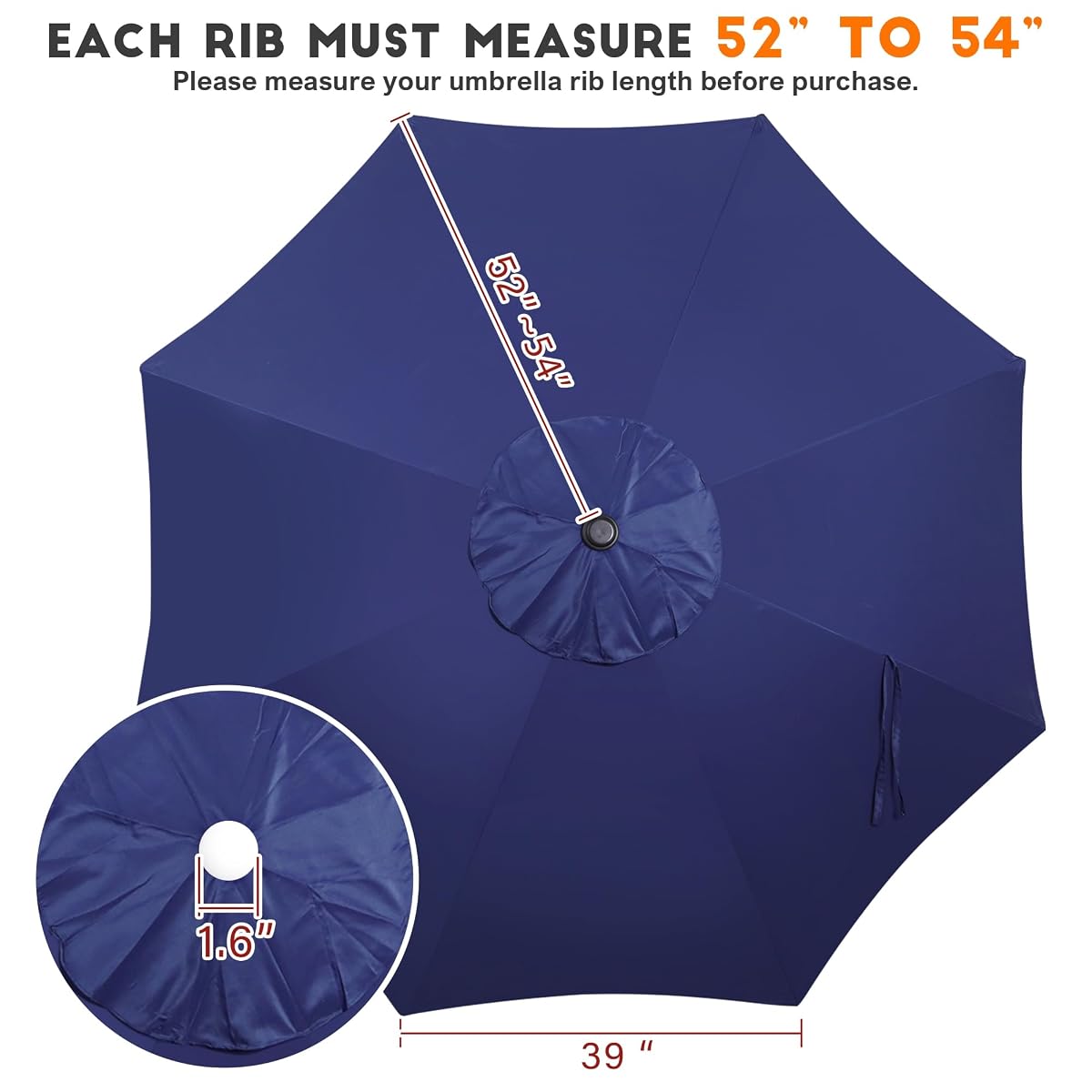 Blissun 9ft Patio Umbrella Replacement Canopy, Market Umbrella Top, Outdoor Table Umbrella Canopy for 8 Ribs, Canopy Only (Navy Blue) - detail image 1