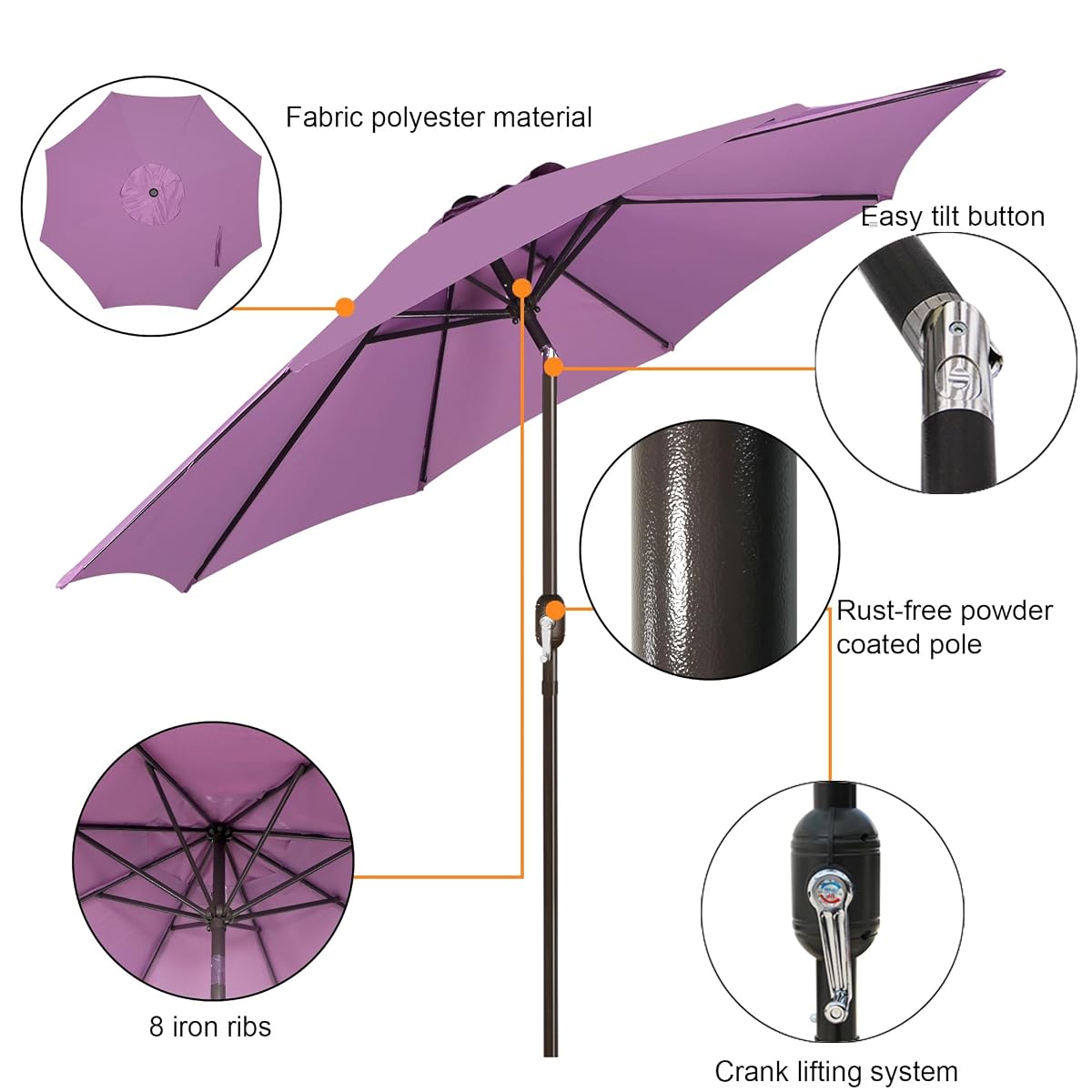 Blissun 9FT Patio Umbrella, Outdoor Table Umbrella, Yard Umbrella, Market Umbrella with 8 Sturdy Ribs, Push Button Tilt and Crank, Lilac - detail image 1