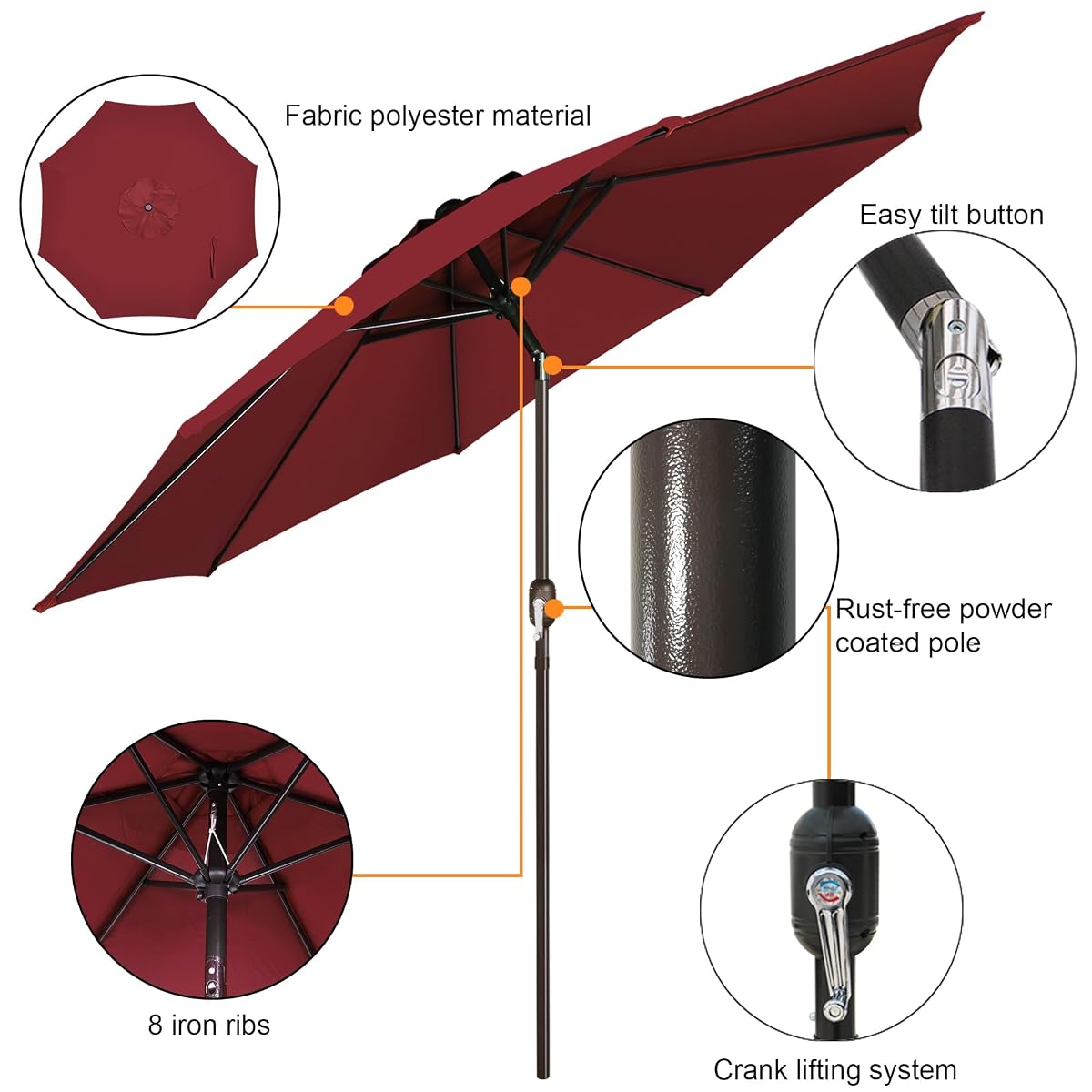Blissun 9FT Patio Umbrella, Outdoor Table Umbrella, Yard Umbrella, Market Umbrella with 8 Sturdy Ribs, Push Button Tilt and Crank, Burgundy - detail image 1