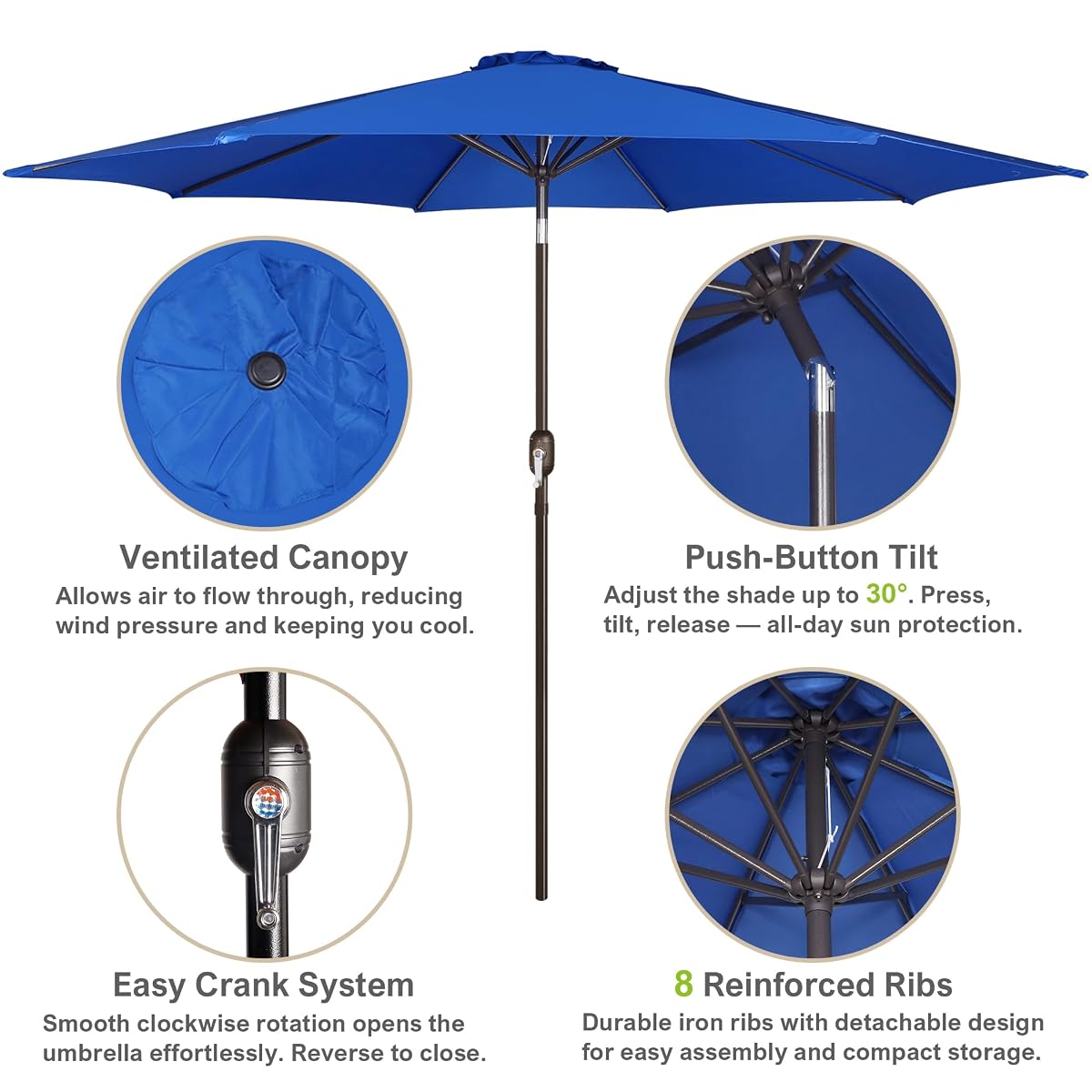 Blissun 10FT Patio Umbrella, Outdoor Table Umbrella, Yard Umbrella, Market Umbrella with 8 Sturdy Ribs, Push Button Tilt and Crank, Royal Blue - detail image 1