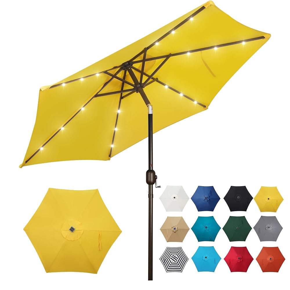 Blissun 7.5 ft Solar Umbrella 18 LED Lighted Patio Umbrella Table Market Umbrella with Tilt and Crank Outdoor Umbrella for Garden, Deck, Backyard, Pool and Beach (Yellow)