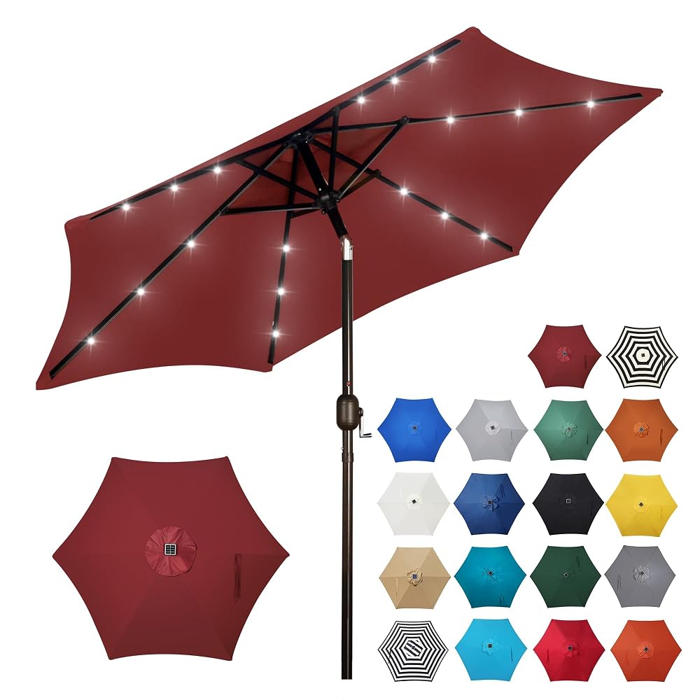 Blissun 7.5 ft Solar Umbrella, 18 LED Lighted Patio Umbrella, Table Market Umbrella, Burgundy
