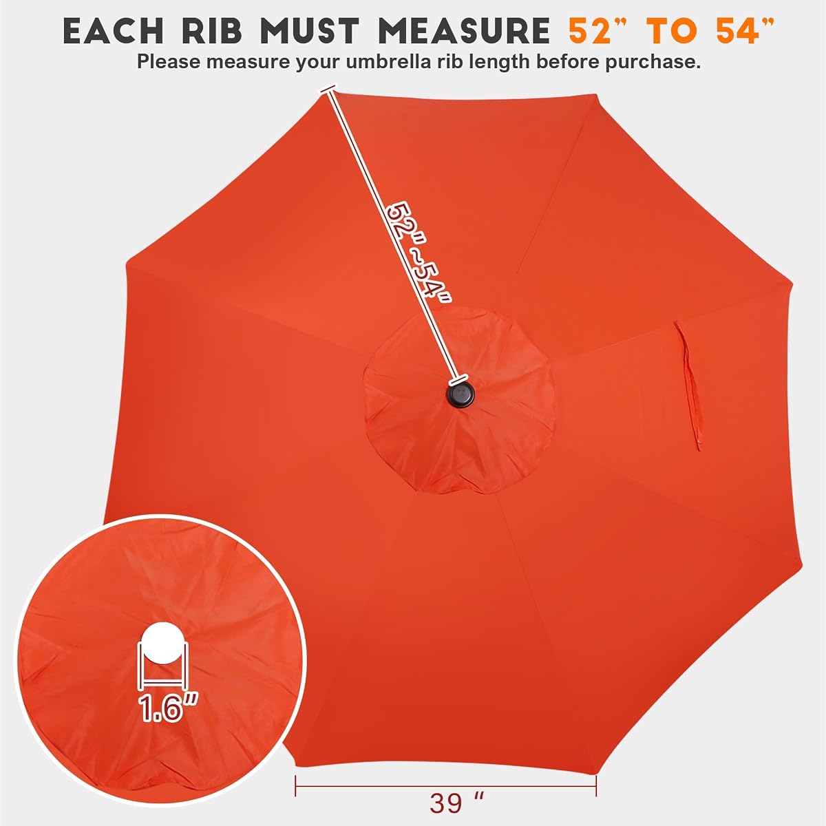 Blissun 9ft Patio Umbrella Replacement Canopy, Market Umbrella Top, Outdoor Table Umbrella Canopy for 8 Ribs, Canopy Only (Orange) - detail image 1