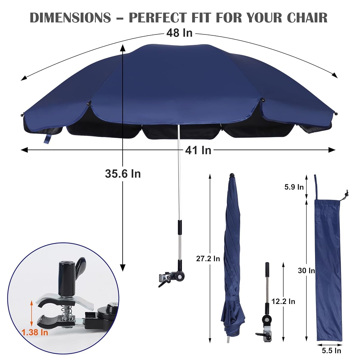 Blissun 2 Pack Chair Umbrella with Clamp, Adjustable Umbrellas for Chair, UPF50+ Sun Shade Umbrella for Beach Chair, Wheelchair, Camping Chair, Patio Chair, Golf Carts, Navy Blue - detail image 1