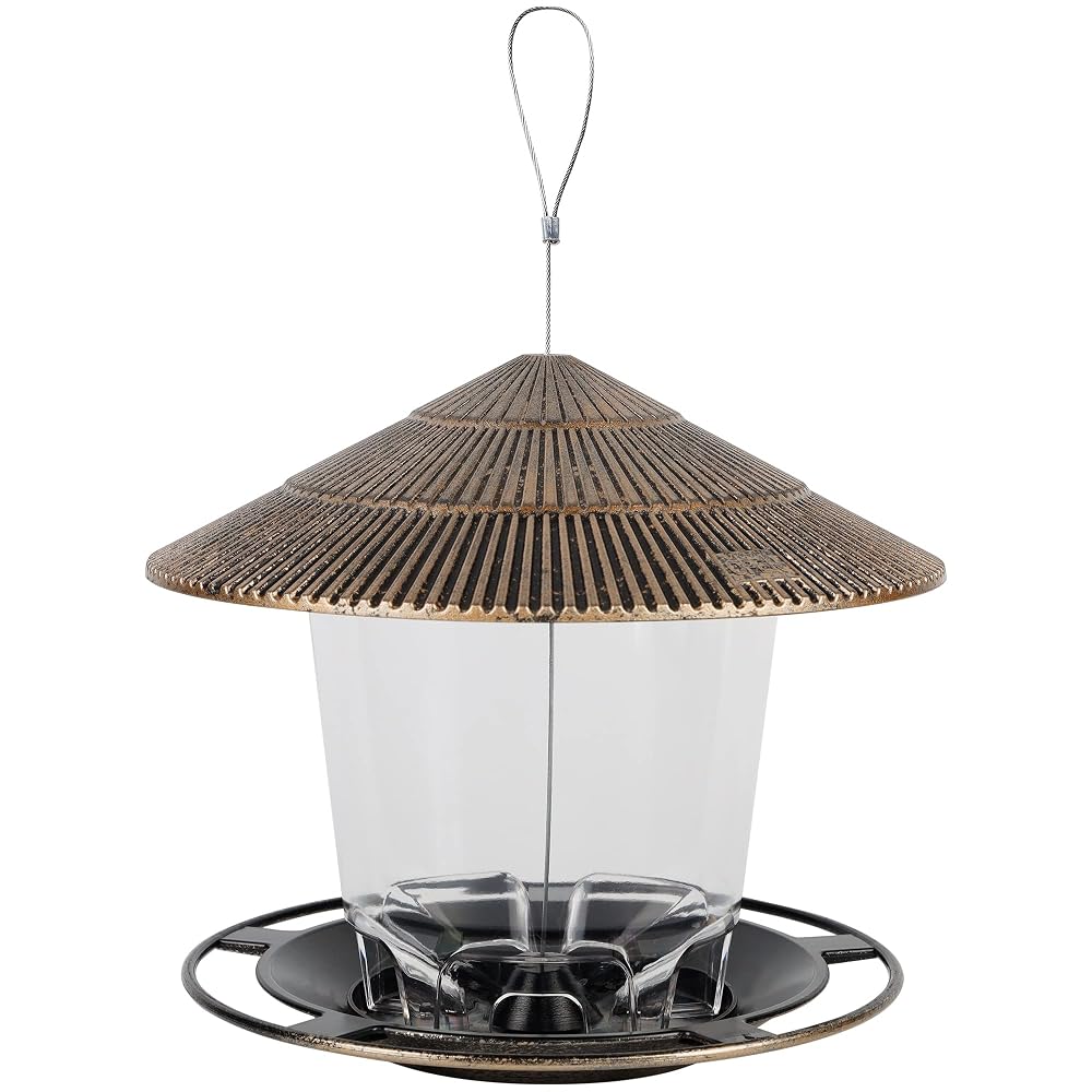 FORUP Panorama Bird Feeder, Hanging Wild Bird Feeder with Round Shaped Roof, Gazebo Bird Feeder for Outside Garden Yard Decoration, Bronze
