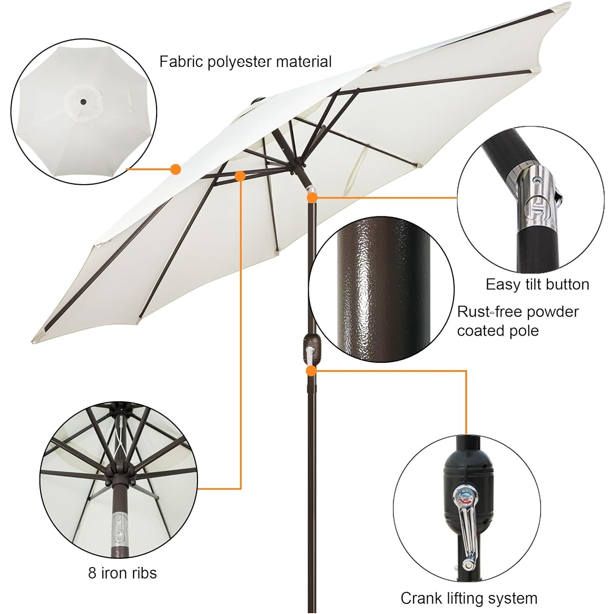 Blissun 9' Outdoor Patio Umbrella, Outdoor Table Umbrella, Yard Umbrella, Market Umbrella with 8 Sturdy Ribs, Push Button Tilt and Crank (Creamy White) - detail image 1
