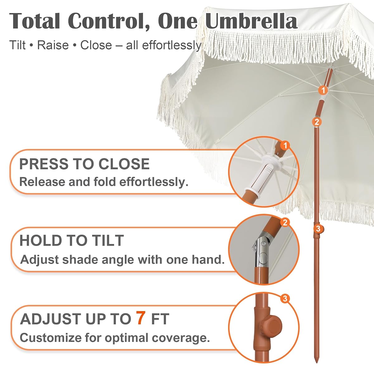 Blissun 6.5FT Outdoor Patio Umbrella with Fringe, UPF 50+ Sun Protection, Push Button Tilt & Height Adjustable, Sturdy Fiberglass Ribs & Brown Powder Coated Iron Pole, Includes Carry Bag, for Garden Backyard Beach Picnic, Light Beige - detail image 3