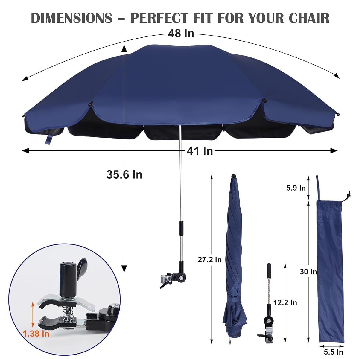 Blissun Chair Umbrella with Clamp, Adjustable Umbrellas for Chair, UPF50+ Sun Shade Umbrella for Beach Chair, Wheelchair, Camping Chair, Patio Chair, Golf Carts, 1 Pack, Navy Blue - detail image 1