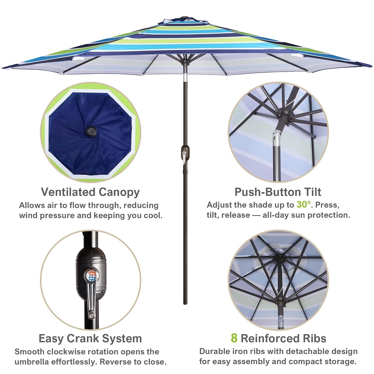 Blissun 10FT Patio Umbrella, Outdoor Table Umbrella, Yard Umbrella, Market Umbrella with 8 Sturdy Ribs, Push Button Tilt and Crank, Blue & Green - detail image 1