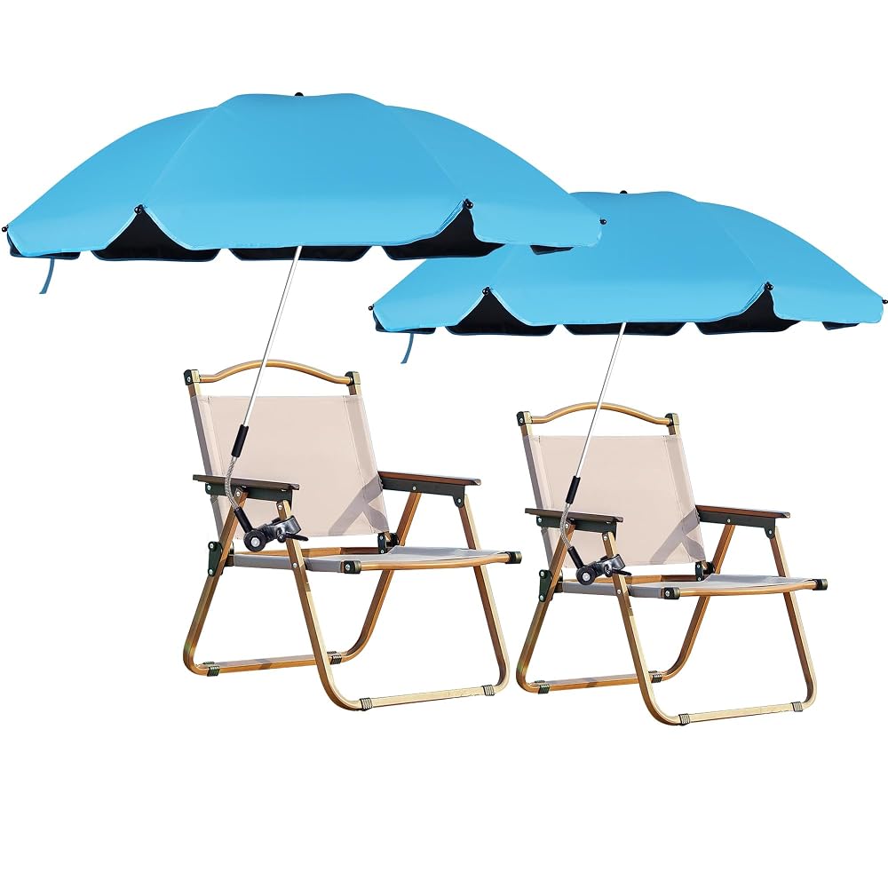 Blissun 2 Pack Chair Umbrella with Clamp, Adjustable Umbrellas for Chair, UPF50+ Sun Shade Umbrella for Beach Chair, Wheelchair, Camping Chair, Patio Chair, Golf Carts, Light Blue