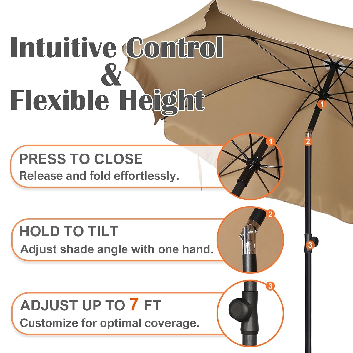 Blissun 6.5ft Patio Umbrella with Push Button Tilt & Height Adjustable, UV50+ Sun Protection with Sturdy Fiberglass Ribs & Iron Pole, Market Umbrella for Outdoor Table Garden Backyard Beach, Tan - detail image 2