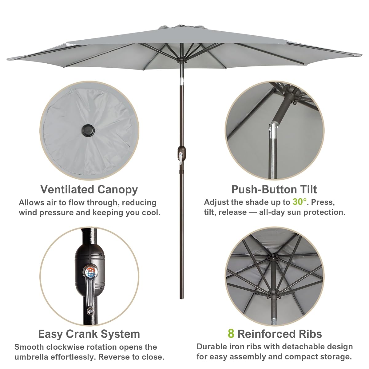 Blissun 10FT Patio Umbrella, Outdoor Table Umbrella, Yard Umbrella, Market Umbrella with 8 Sturdy Ribs, Push Button Tilt and Crank, Grey - detail image 1