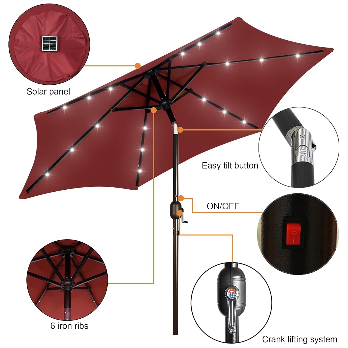 Blissun 7.5 ft Solar Umbrella, 18 LED Lighted Patio Umbrella, Table Market Umbrella, Burgundy - detail image 1