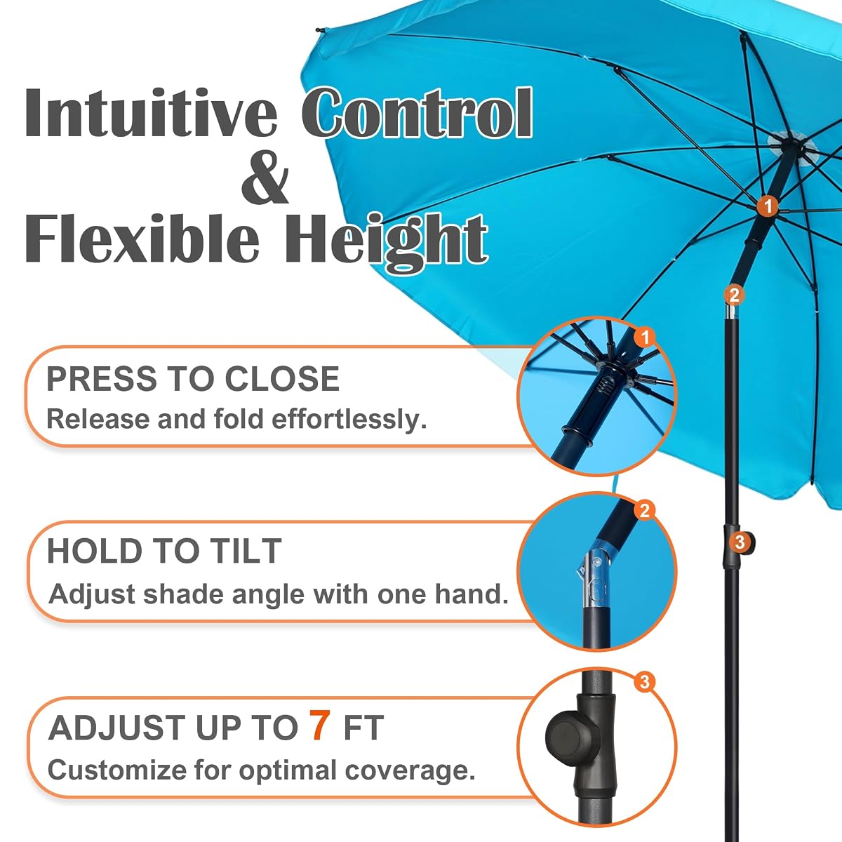 Blissun 6.5ft Patio Umbrella with Push Button Tilt & Height Adjustable, UV50+ Sun Protection with Sturdy Fiberglass Ribs & Iron Pole, Market Umbrella for Outdoor Table Garden Backyard Beach, Light Blue - detail image 2