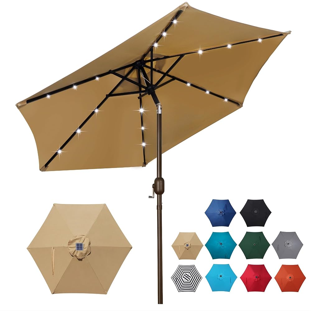 Blissun 7.5 ft Solar Umbrella, 18 LED Lighted Patio Umbrella, Table Market Umbrella, Tan