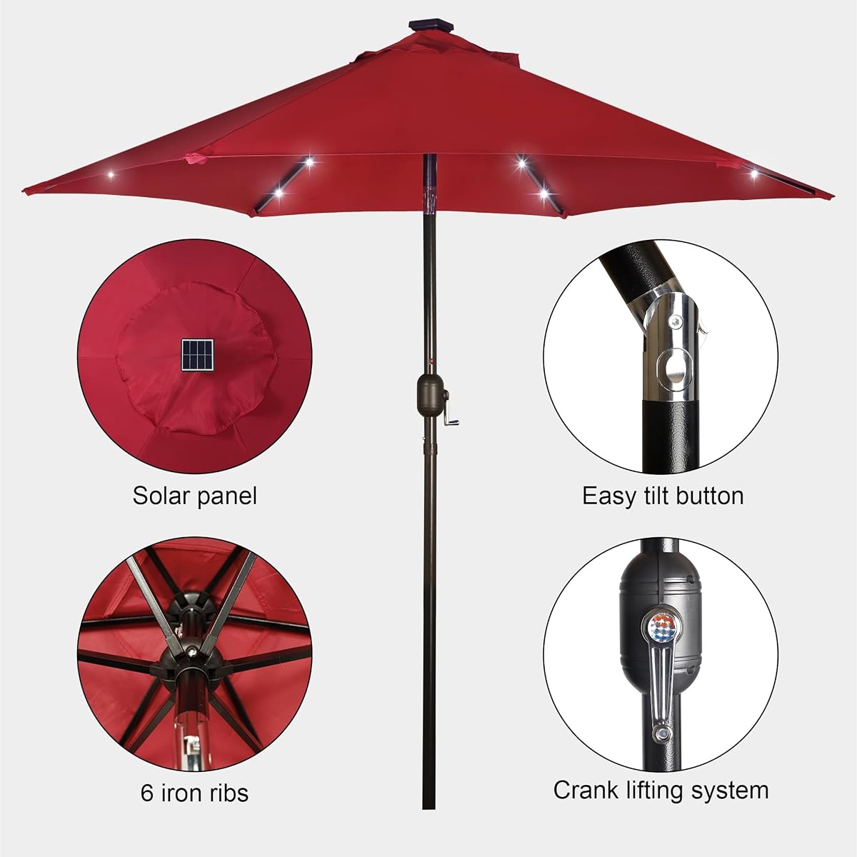 Blissun 7.5 ft Solar Umbrella, 18 LED Lighted Patio Umbrella, Table Market Umbrella, Red - detail image 1