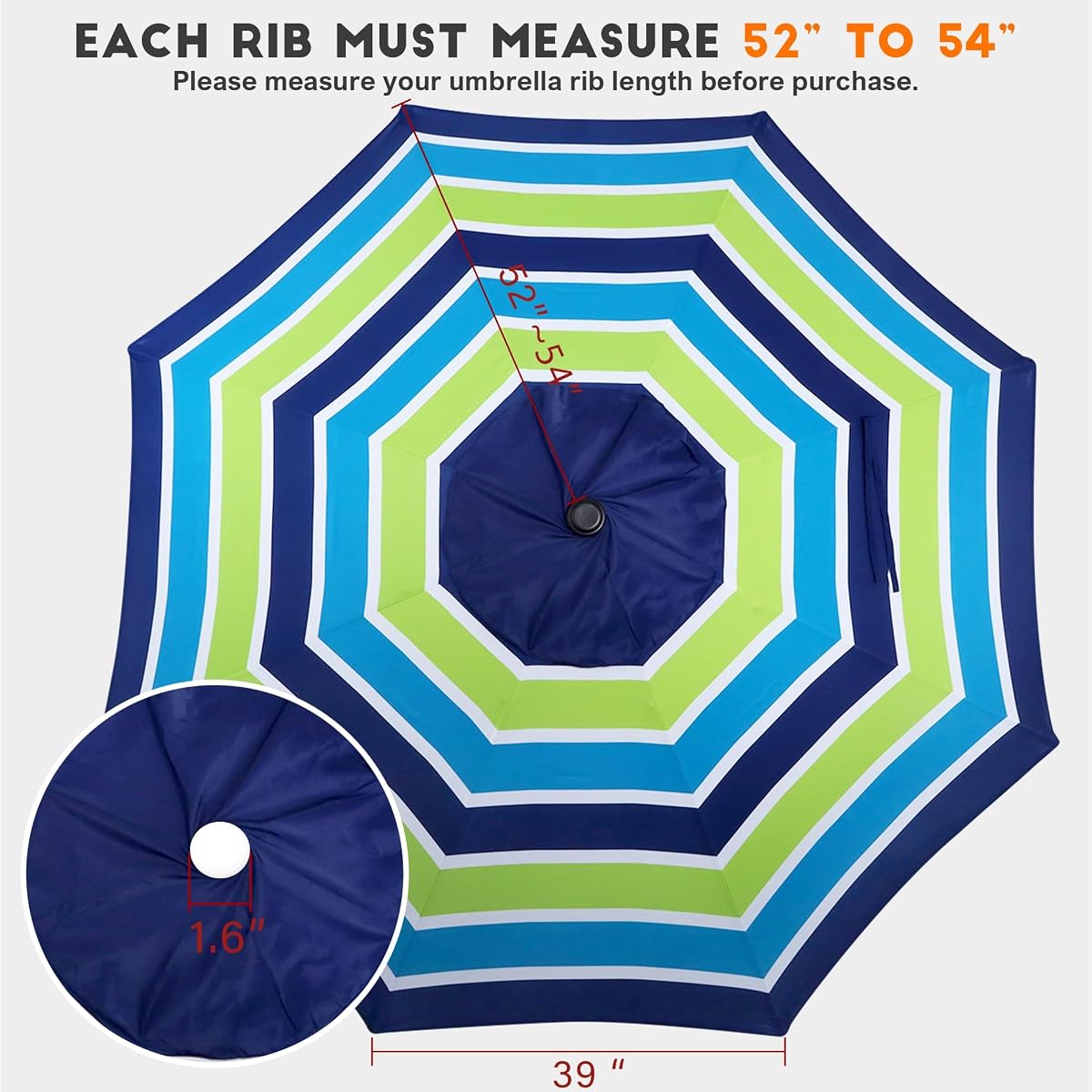 Blissun 9ft Patio Umbrella Replacement Canopy, Market Umbrella Top, Outdoor Table Umbrella Canopy for 8 Ribs, Canopy Only (Blue & Green Stripe) - detail image 1