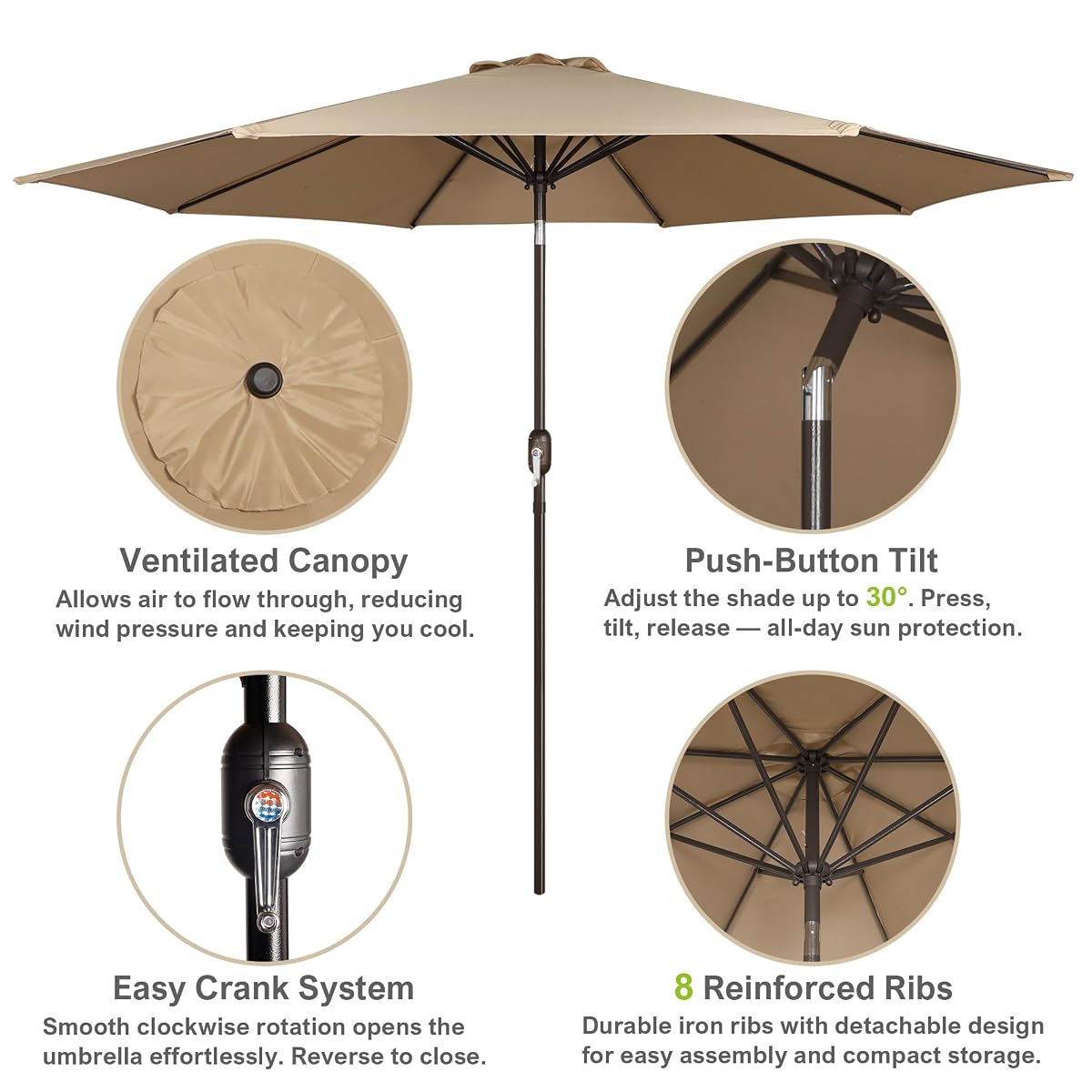 Blissun 10FT Patio Umbrella, Outdoor Table Umbrella, Yard Umbrella, Market Umbrella with 8 Sturdy Ribs, Push Button Tilt and Crank, Tan - detail image 1