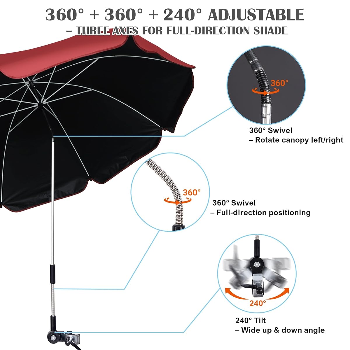 Blissun 2 Pack Chair Umbrella with Clamp, Adjustable Umbrellas for Chair, UPF50+ Sun Shade Umbrella for Beach Chair, Wheelchair, Camping Chair, Patio Chair, Golf Carts, Pomegranate Red - detail image 3