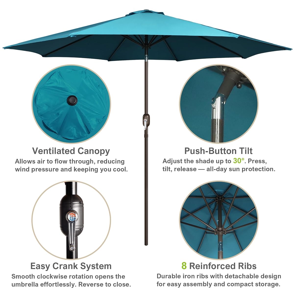 Blissun 10FT Patio Umbrella, Outdoor Table Umbrella, Yard Umbrella, Market Umbrella with 8 Sturdy Ribs, Push Button Tilt and Crank, Cerulean - detail image 1