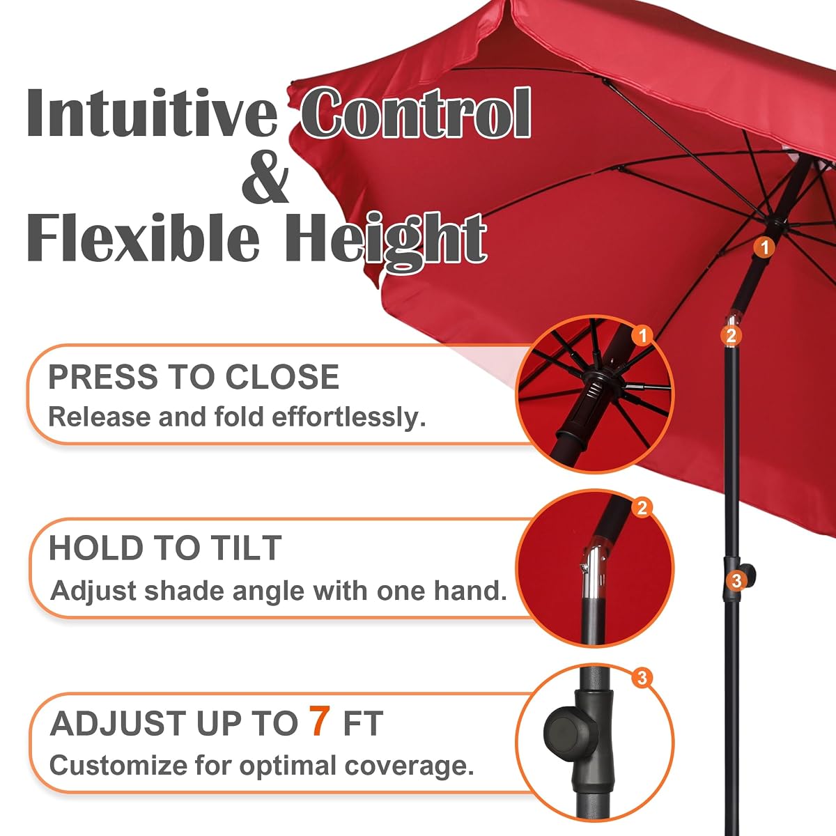 Blissun 6.5ft Patio Umbrella with Push Button Tilt & Height Adjustable, UV50+ Sun Protection with Sturdy Fiberglass Ribs & Iron Pole, Market Umbrella for Outdoor Table Garden Backyard Beach, Red - detail image 2