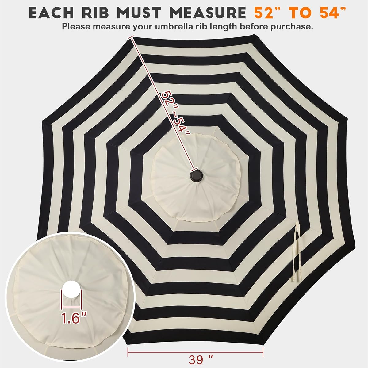 Blissun 9ft Patio Umbrella Replacement Canopy, Market Umbrella Top, Outdoor Table Umbrella Canopy for 8 Ribs, Canopy Only (Black&Beige) - detail image 1
