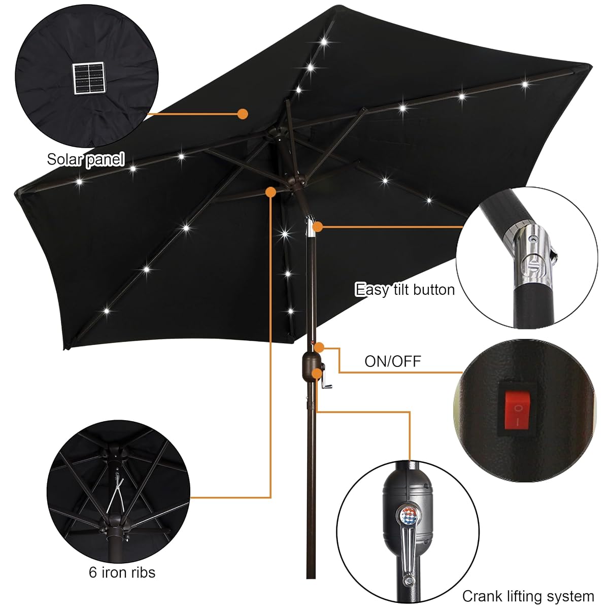 Blissun 7.5 ft Solar Umbrella 18 LED Lighted Patio Umbrella Table Market Umbrella, Black - detail image 1