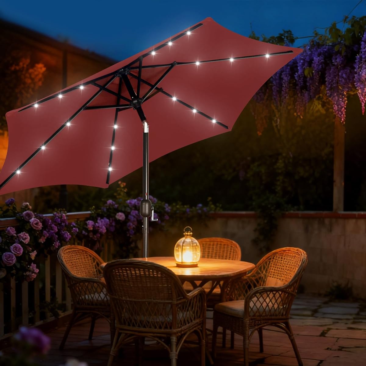 Blissun 7.5 ft Solar Umbrella, 18 LED Lighted Patio Umbrella, Table Market Umbrella, Burgundy - detail image 6