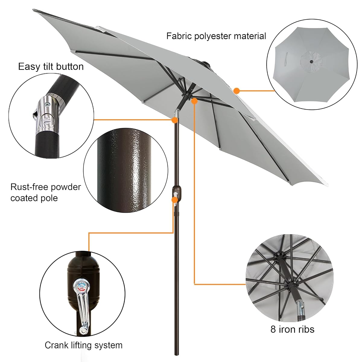 Blissun 9' Outdoor Patio Umbrella, Outdoor Table Umbrella, Yard Umbrella, Market Umbrella with 8 Sturdy Ribs, Push Button Tilt and Crank (Grey) - detail image 1
