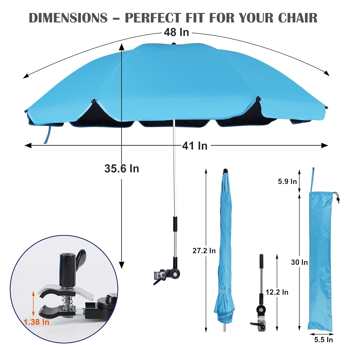 Blissun 2 Pack Chair Umbrella with Clamp, Adjustable Umbrellas for Chair, UPF50+ Sun Shade Umbrella for Beach Chair, Wheelchair, Camping Chair, Patio Chair, Golf Carts, Light Blue - detail image 1