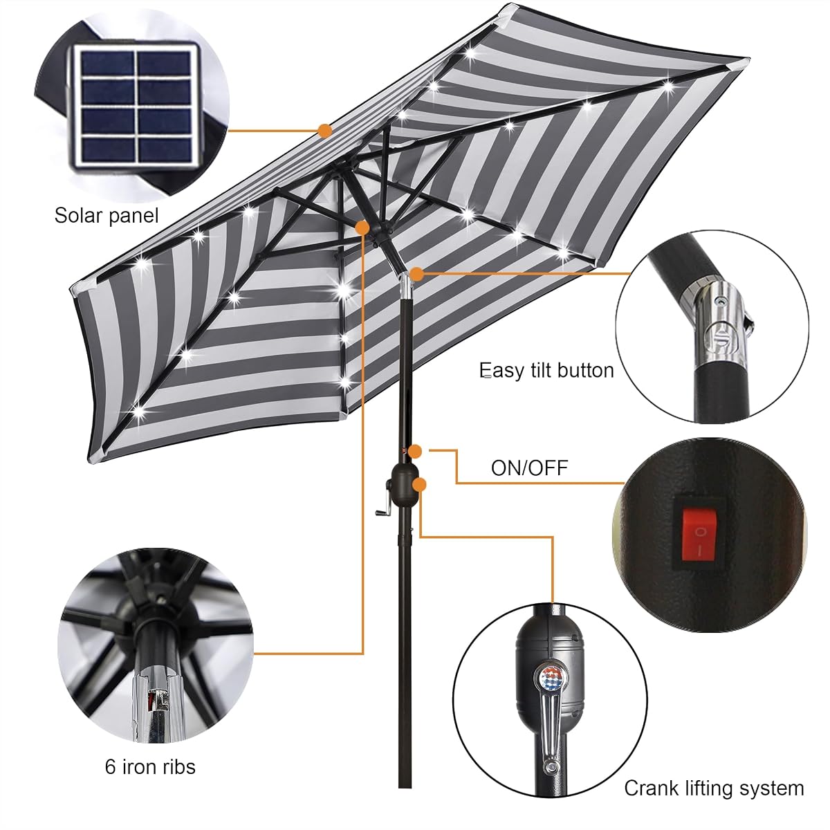 Blissun 7.5 ft Solar Umbrella, 18 LED Lighted Patio Umbrella, Table Market Umbrella, Black & White - detail image 1