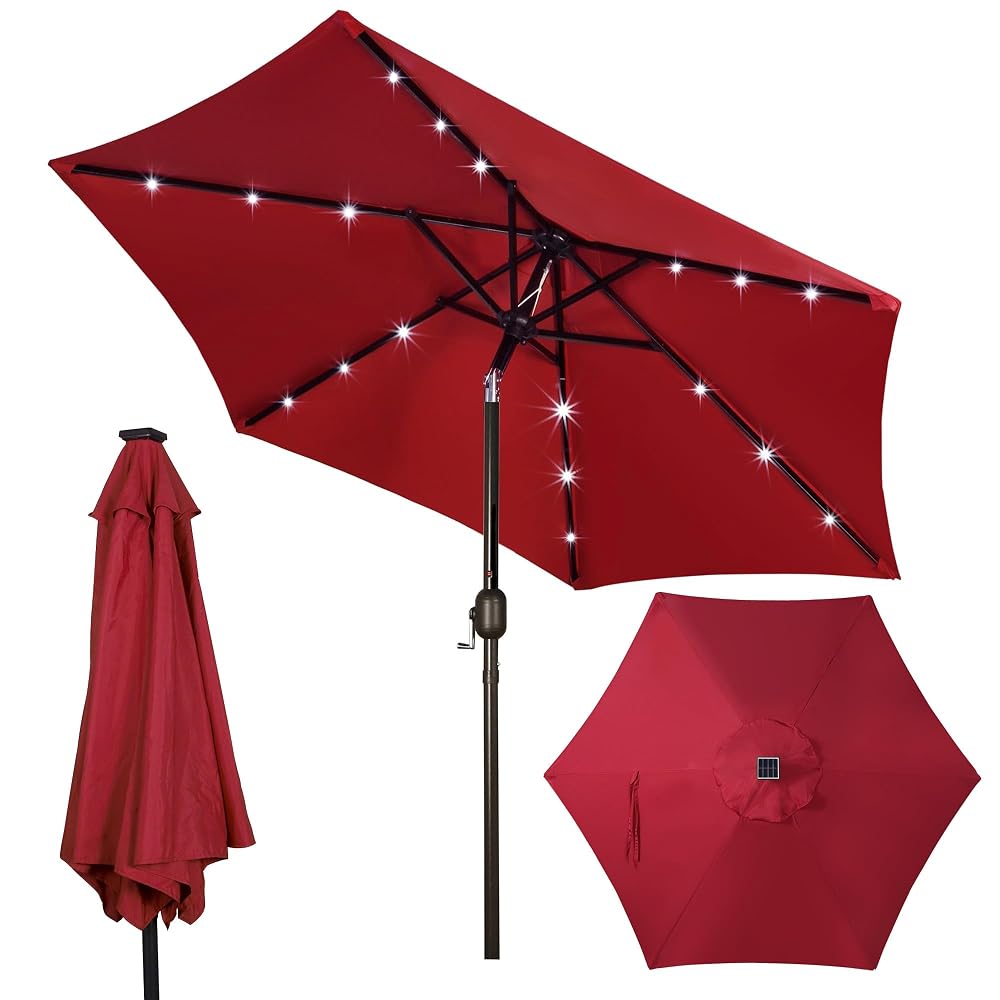 Blissun 7.5 ft Solar Umbrella, 18 LED Lighted Patio Umbrella, Table Market Umbrella, Red