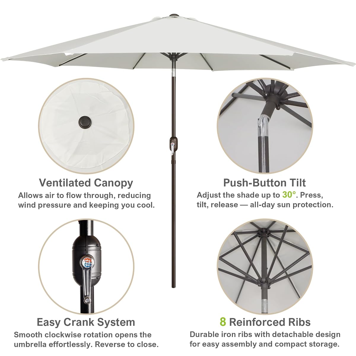 Blissun 10FT Patio Umbrella, Outdoor Table Umbrella, Yard Umbrella, Market Umbrella with 8 Sturdy Ribs, Push Button Tilt and Crank, Cream White - detail image 1