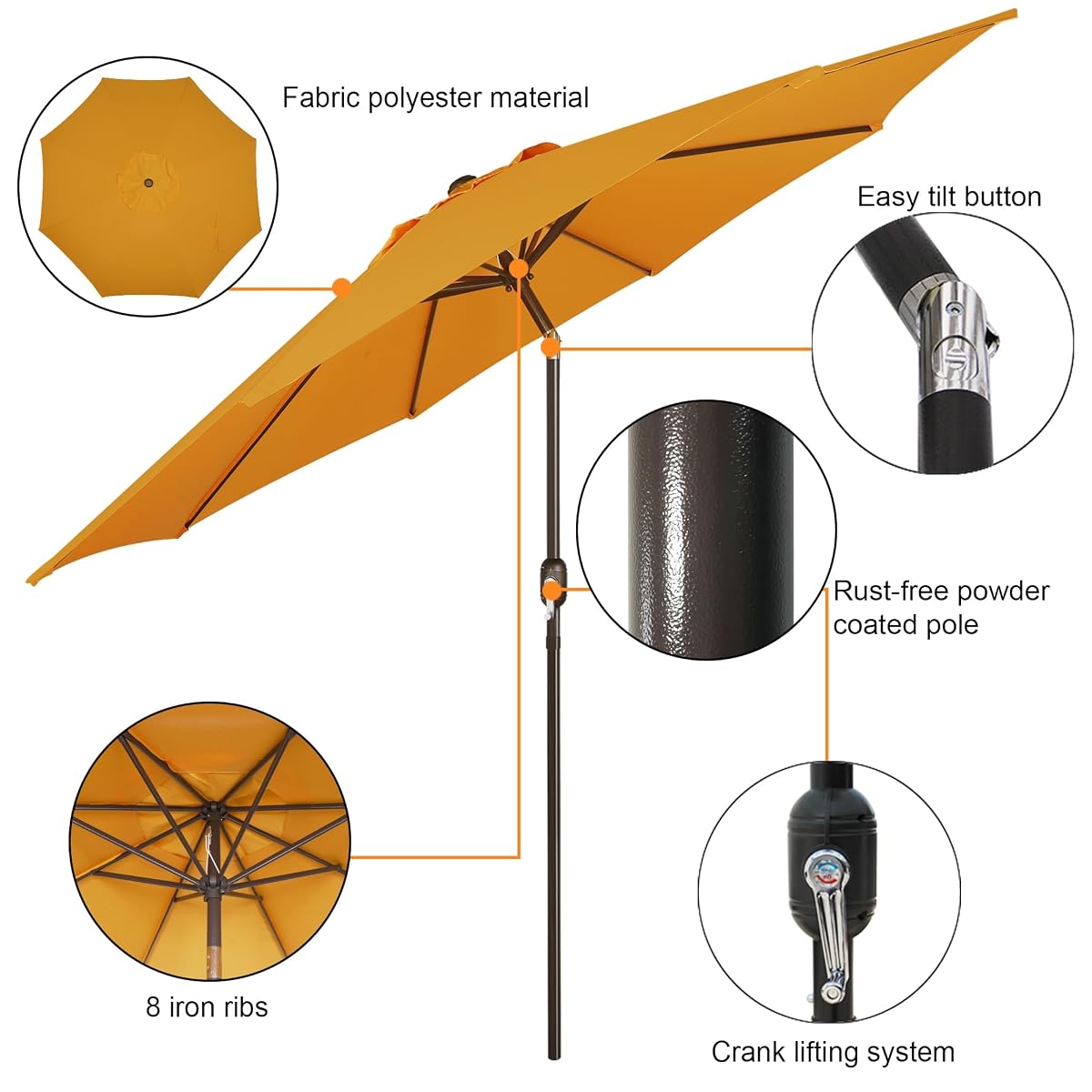 Blissun 9FT Patio Umbrella, Outdoor Table Umbrella, Yard Umbrella, Market Umbrella with 8 Sturdy Ribs, Push Button Tilt and Crank, Golden Yellow - detail image 1